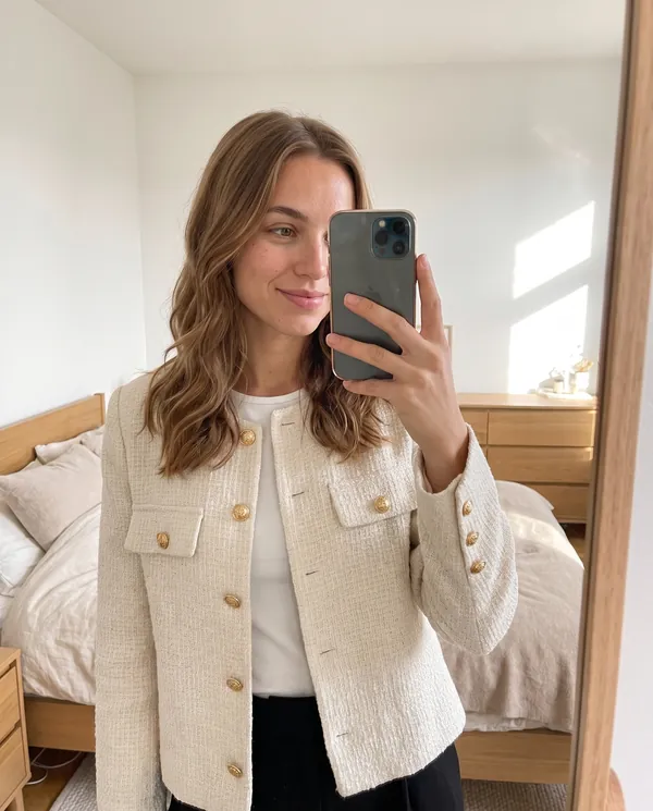 Satin Eve styling: Cropped Tweed Jacket with Gold Buttons