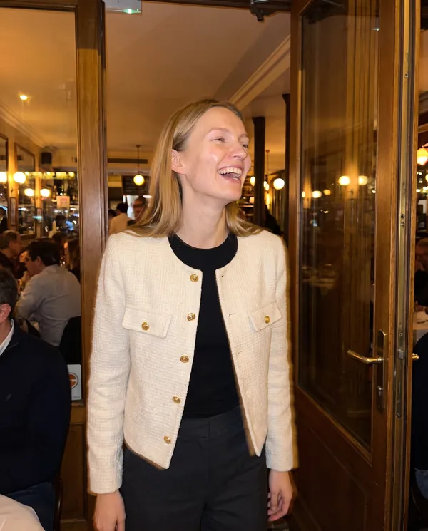 Satin Eve styling: Cropped Tweed Jacket with Gold Buttons