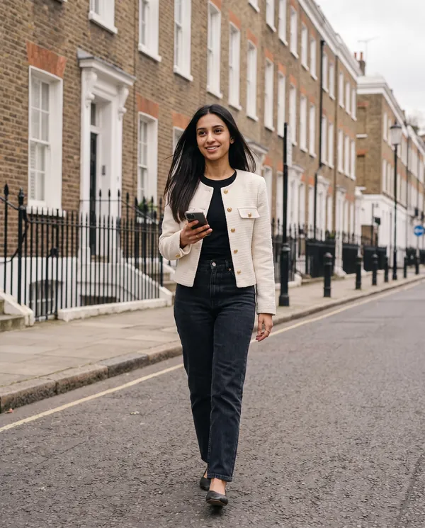 Satin Eve styling: Cropped Tweed Jacket with Gold Buttons