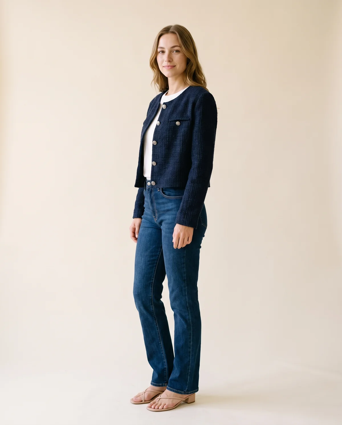 Navy Tweed Crew-Neck Jacket in Navy, side view, worn by Ava