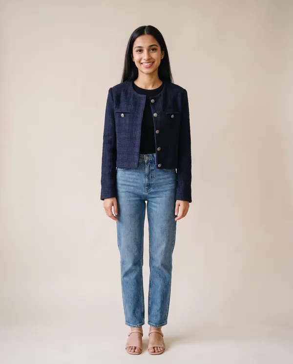 Navy Tweed Crew-Neck Jacket in Navy, front view, worn by Priya