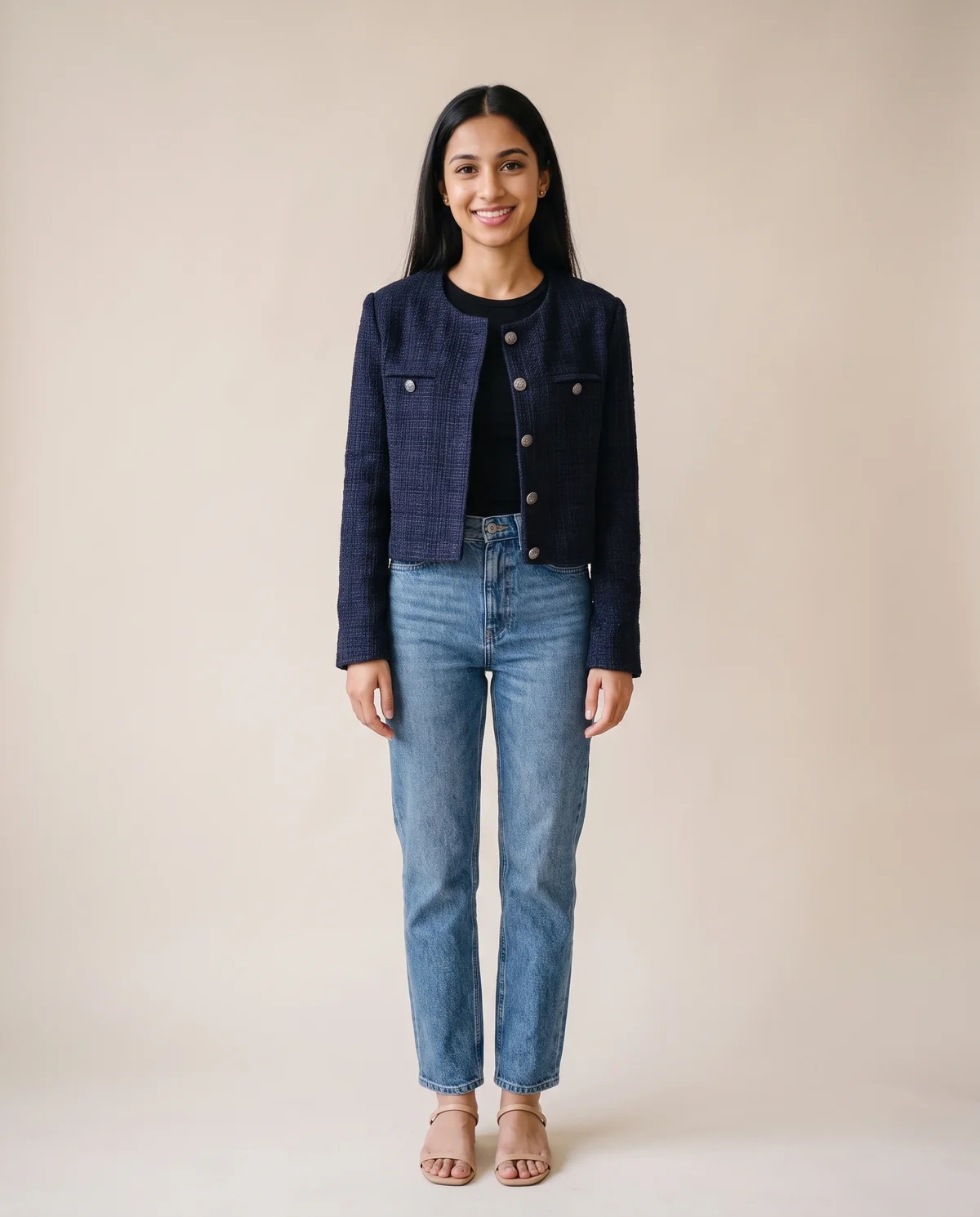 Navy Tweed Crew-Neck Jacket in Navy, front view, worn by Priya