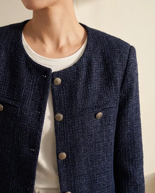 Navy Tweed Crew-Neck Jacket in Navy, close-up of the detail