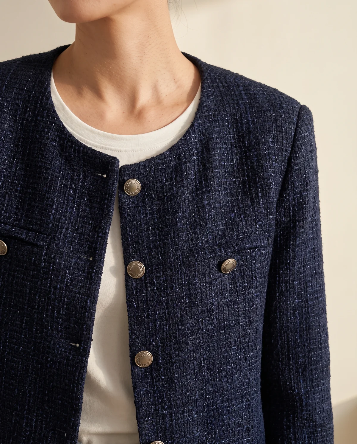 Navy Tweed Crew-Neck Jacket in Navy, close-up of the detail