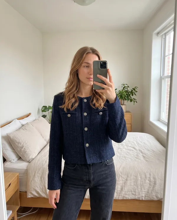 Satin Eve styling: Navy Tweed Crew-Neck Jacket