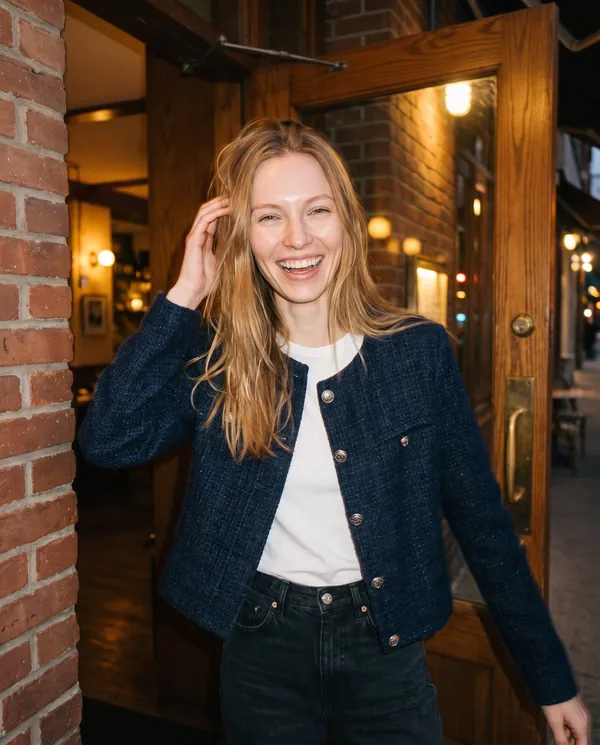 Satin Eve styling: Navy Tweed Crew-Neck Jacket