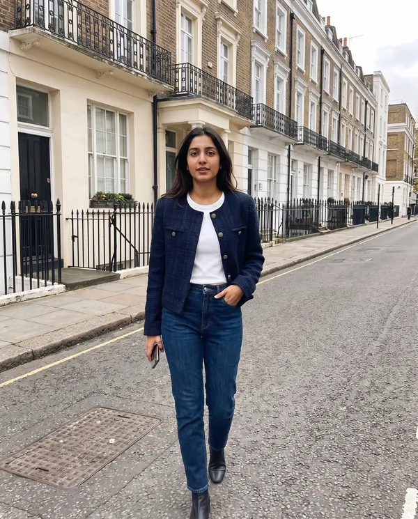 Satin Eve styling: Navy Tweed Crew-Neck Jacket