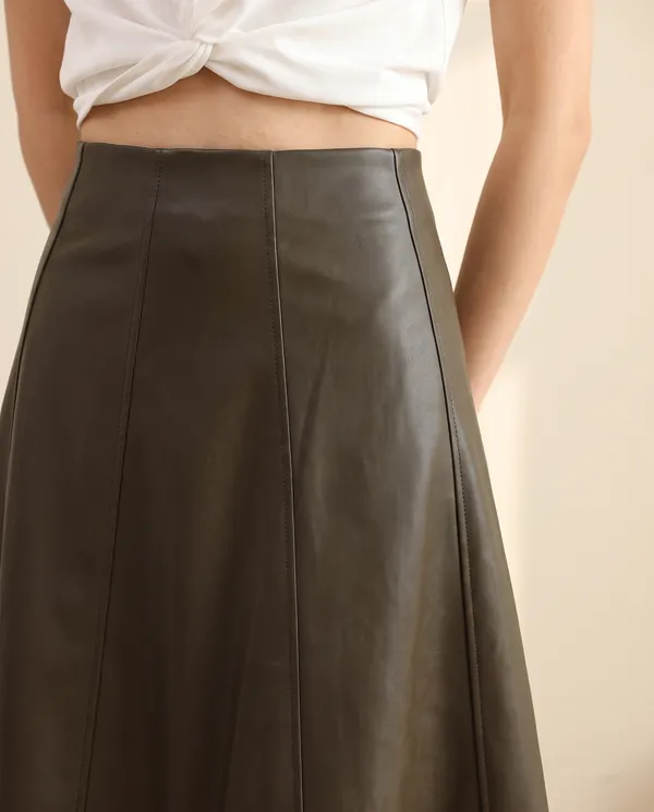 Faux Leather Panelled A-Line Midi Skirt in Dark Olive Brown, close-up of the detail