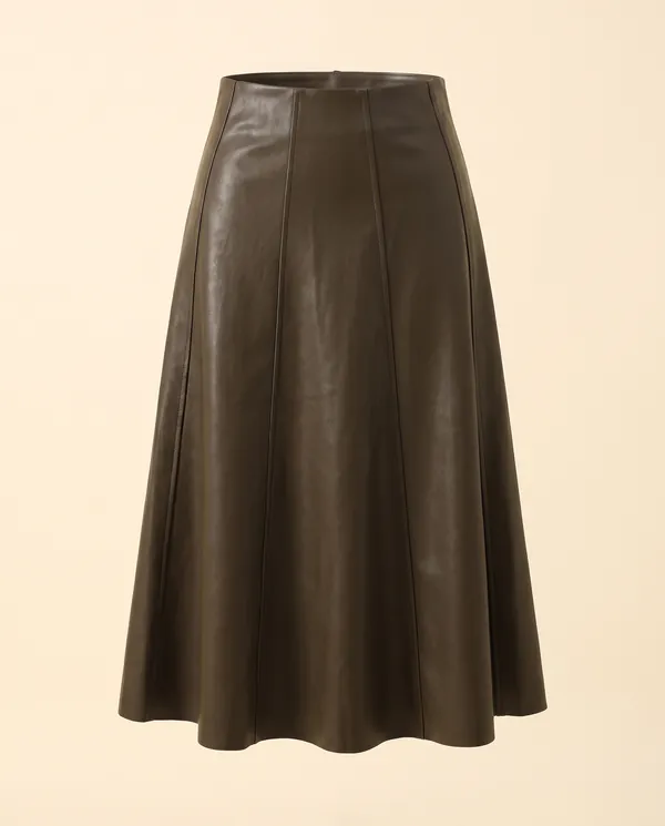 Faux Leather Panelled A-Line Midi Skirt in Dark Olive Brown, product shot on a plain background