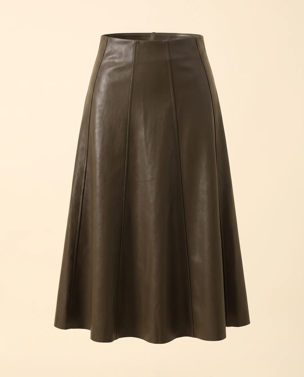 Faux Leather Panelled A-Line Midi Skirt in Dark Olive Brown, product shot on a plain background