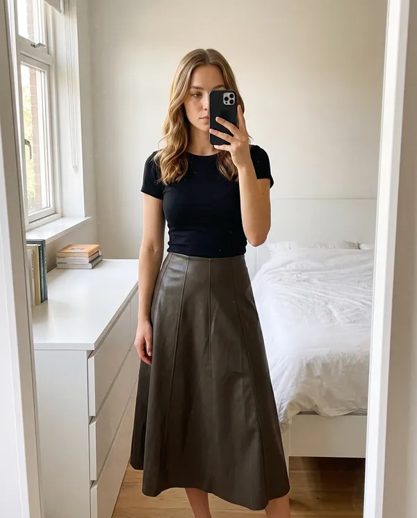 Satin Eve styling: Faux Leather Panelled A-Line Midi Skirt