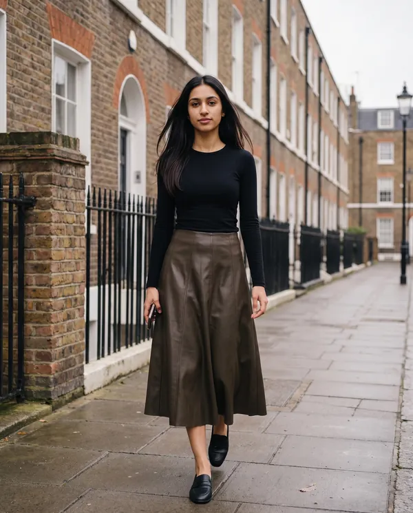 Satin Eve styling: Faux Leather Panelled A-Line Midi Skirt