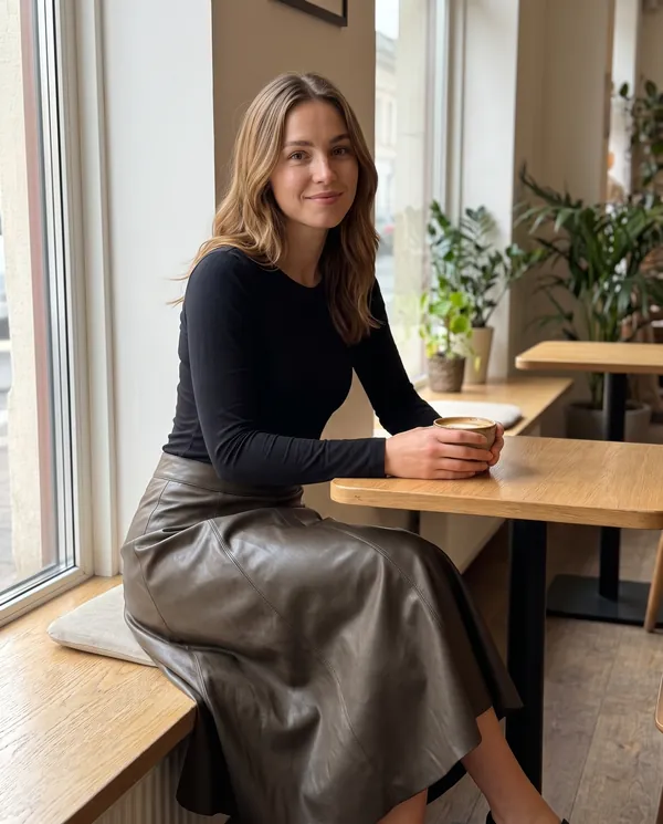 Satin Eve styling: Faux Leather Panelled A-Line Midi Skirt