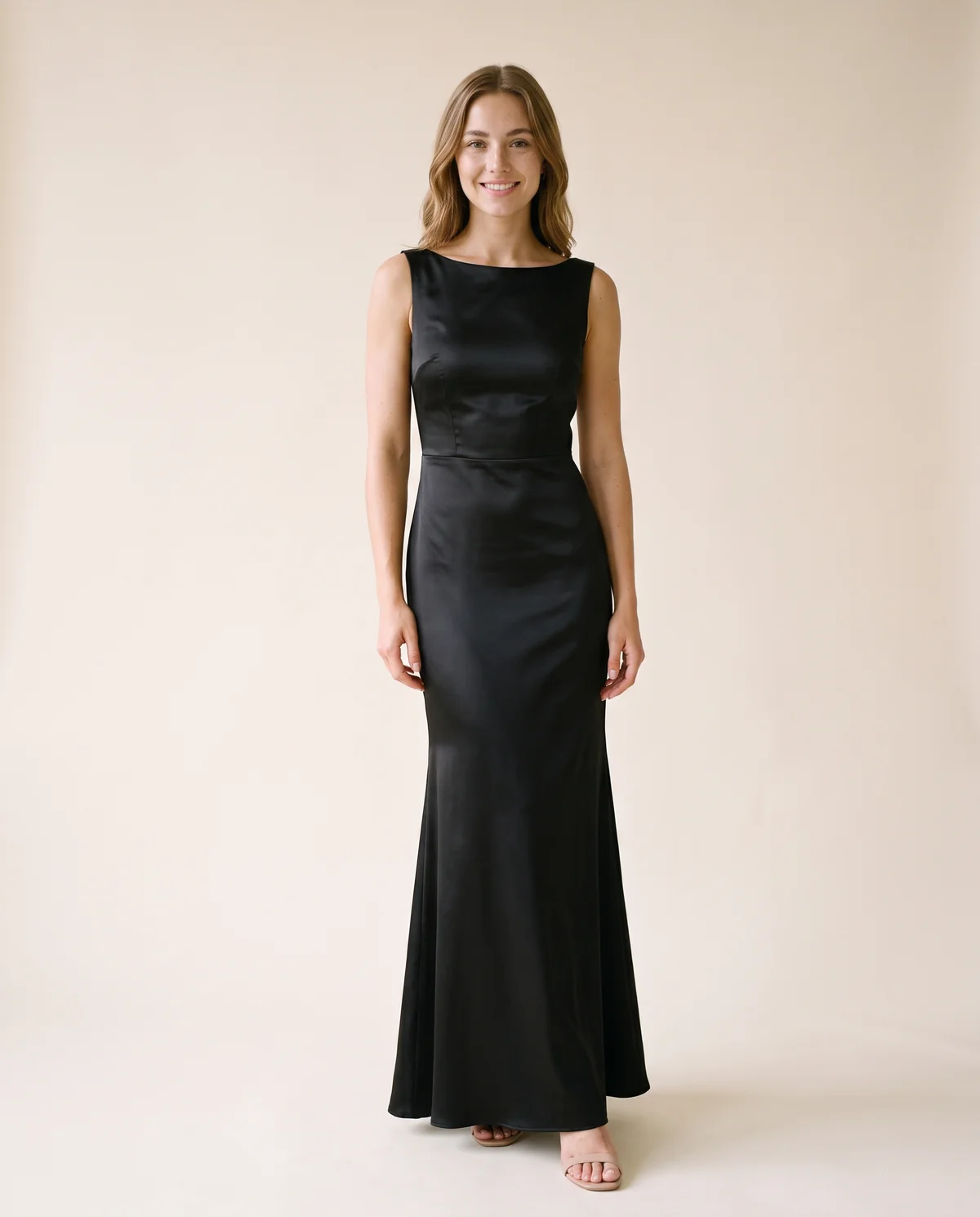 Satin Boat-Neck Fishtail Maxi Dress in Black, front view, worn by Ava
