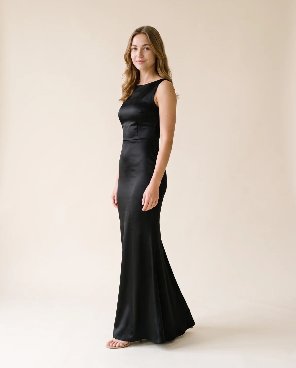 Satin Boat-Neck Fishtail Maxi Dress in Black, side view, worn by Ava