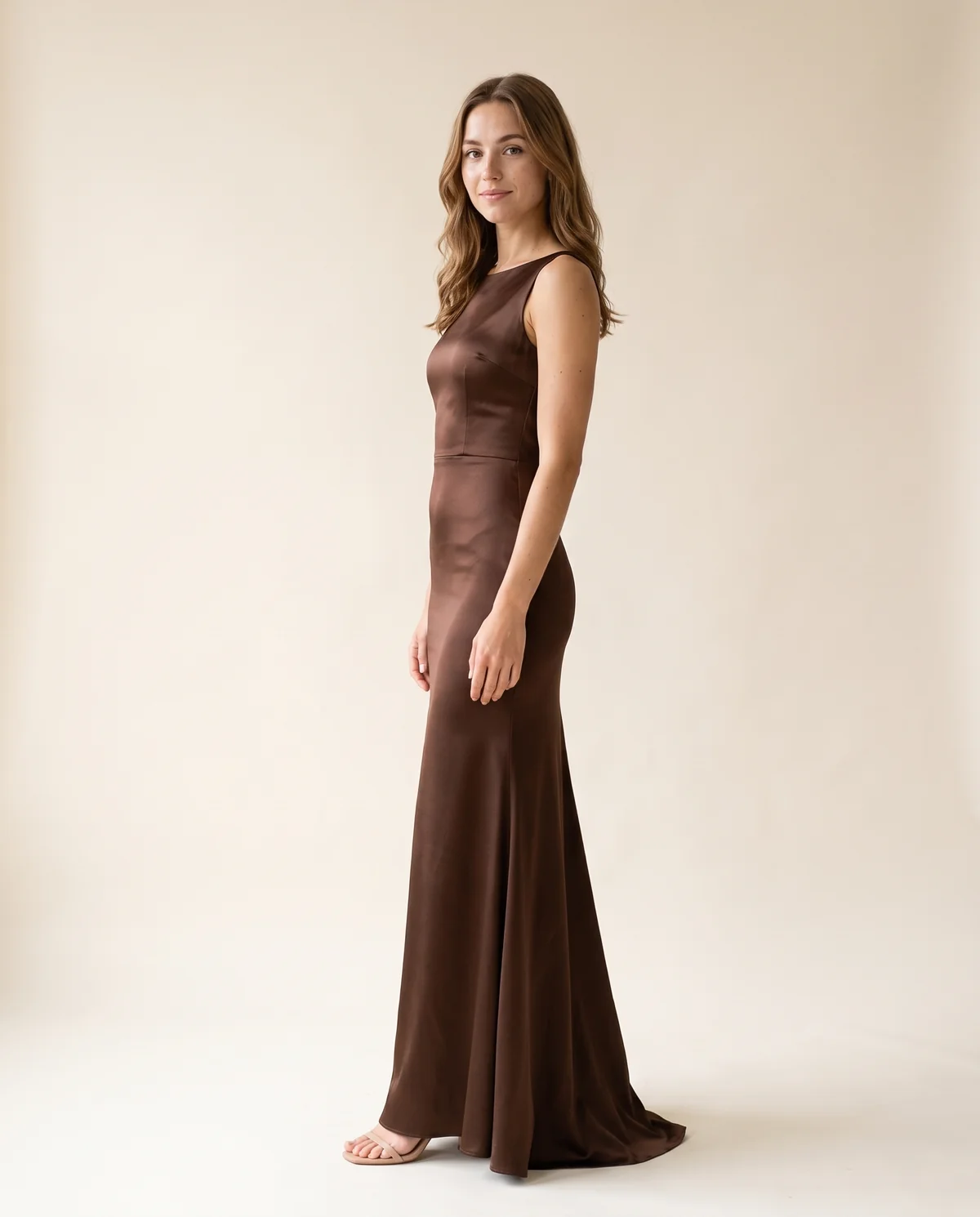 Satin Boat-Neck Fishtail Maxi Dress in Chocolate, side view, worn by Ava