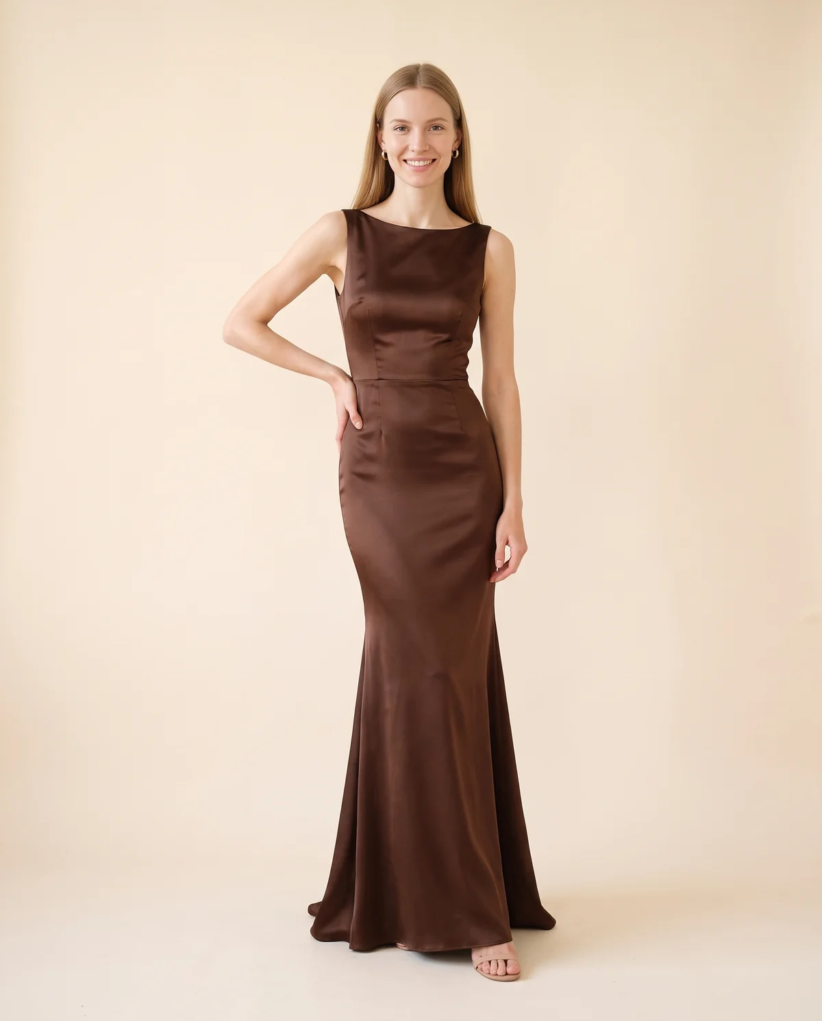 Satin Boat-Neck Fishtail Maxi Dress in Chocolate, front view, worn by Maya