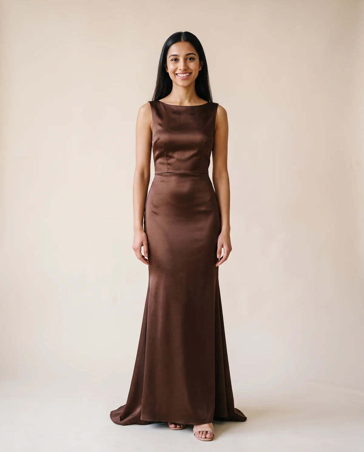 Satin Boat-Neck Fishtail Maxi Dress in Chocolate, front view, worn by Priya