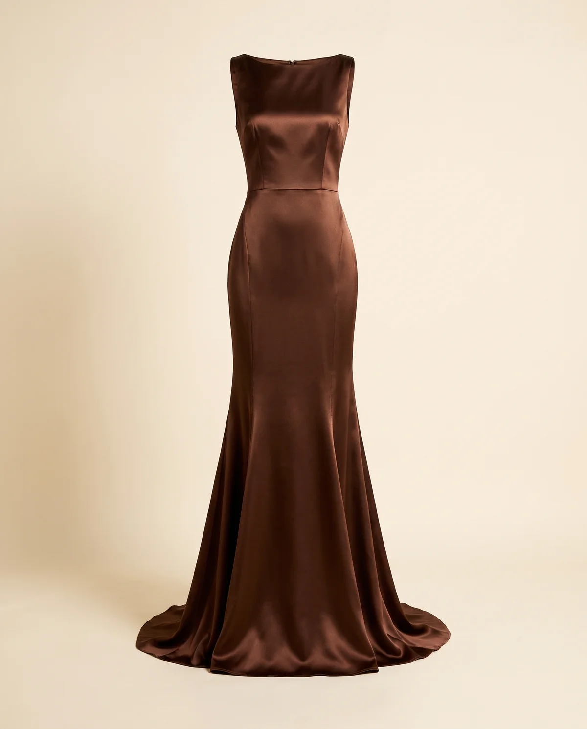 Satin Boat-Neck Fishtail Maxi Dress in Chocolate, product shot on a plain background