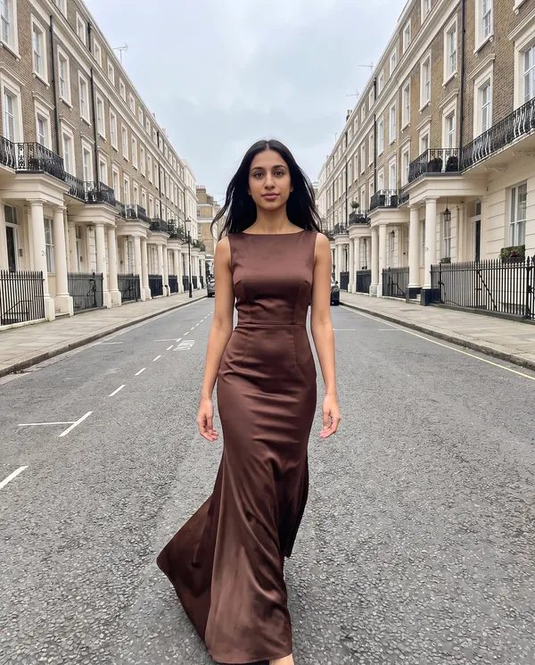 Satin Eve styling: Satin Boat-Neck Fishtail Maxi Dress