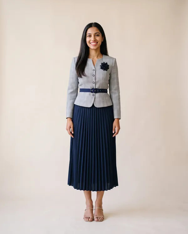 Peplum Blazer and Pleated Midi Skirt Set in Grey Check and Navy, front view, worn by Priya