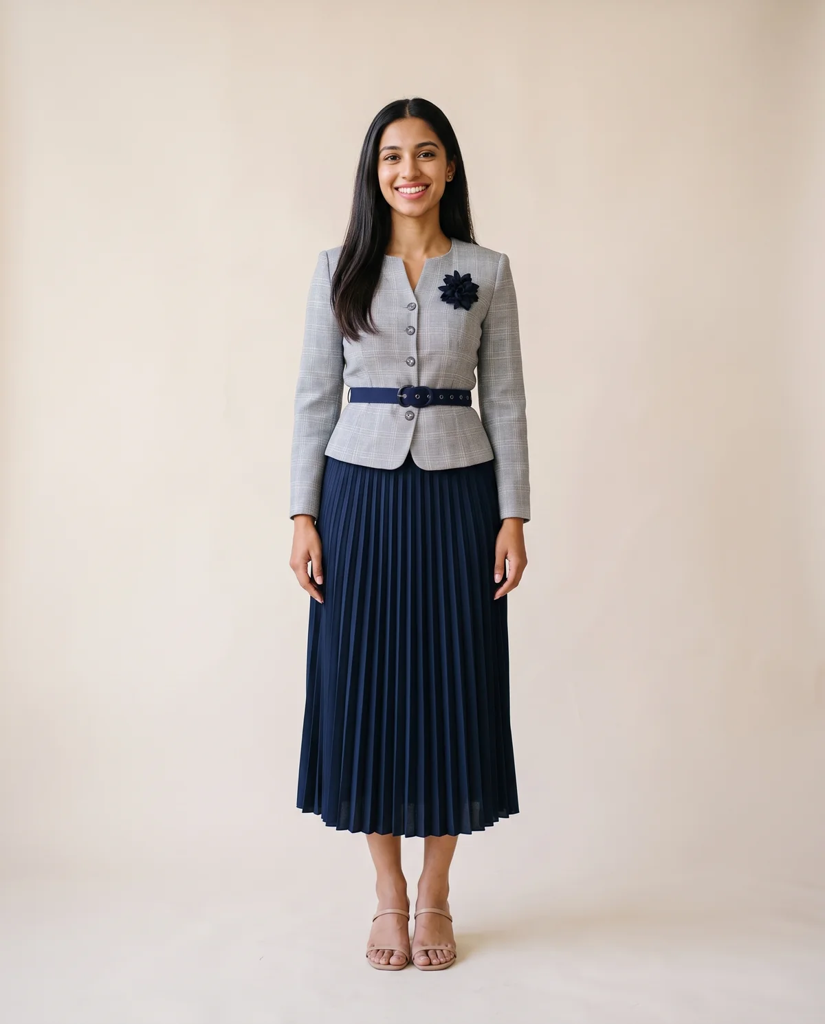 Peplum Blazer and Pleated Midi Skirt Set in Grey Check and Navy, front view, worn by Priya