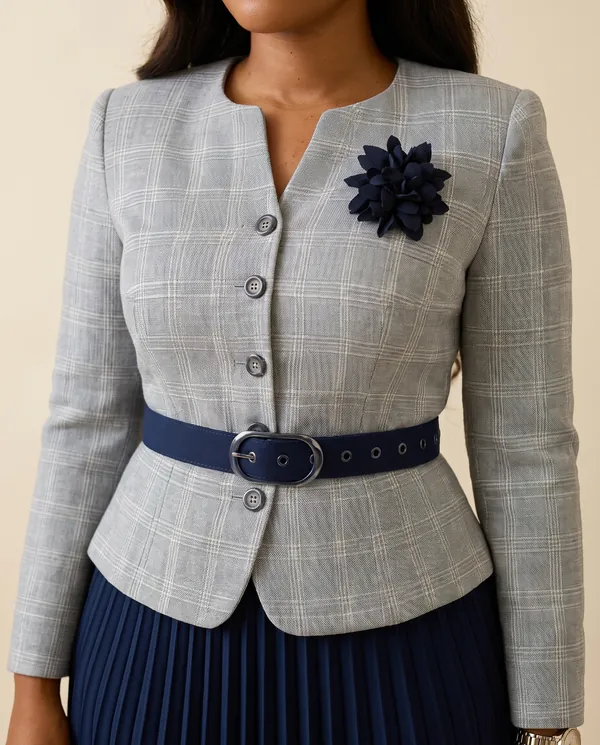 Peplum Blazer and Pleated Midi Skirt Set in Grey Check and Navy, close-up of the detail