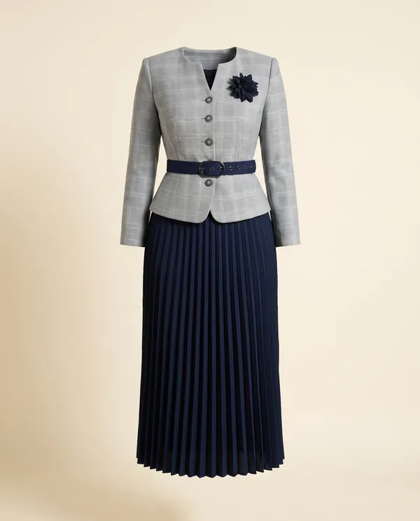 Peplum Blazer and Pleated Midi Skirt Set in Grey Check and Navy, product shot on a plain background