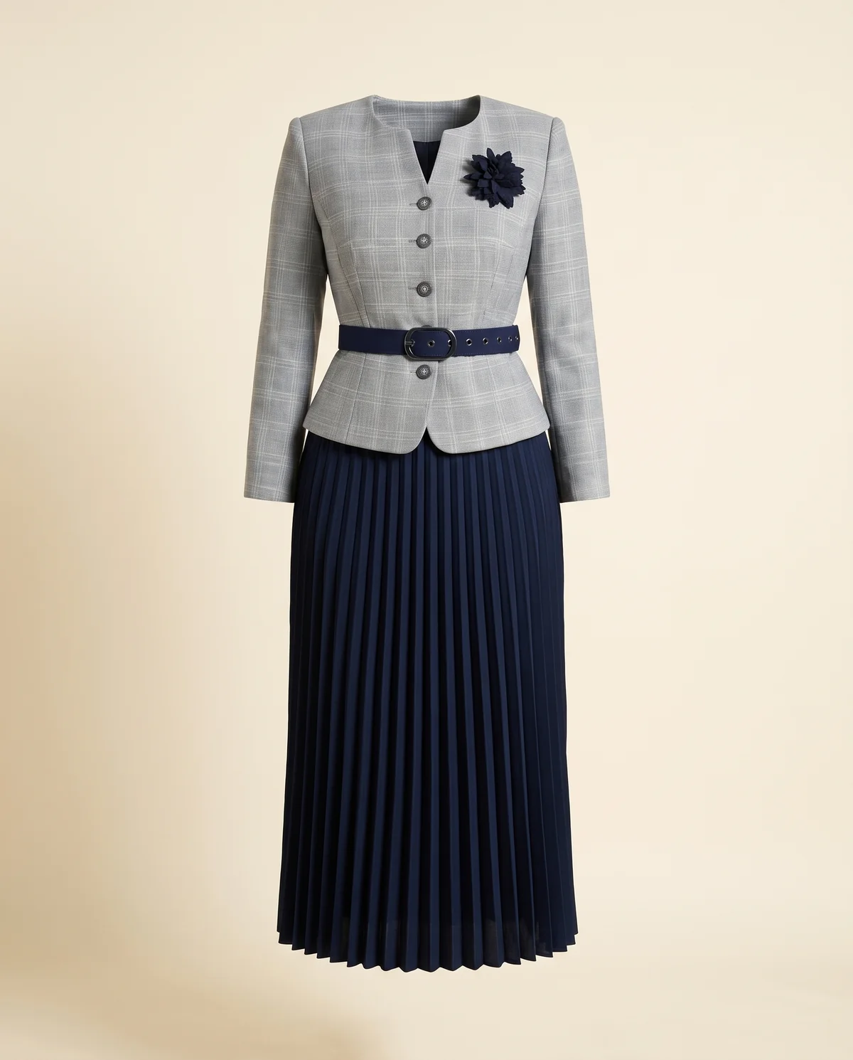 Peplum Blazer and Pleated Midi Skirt Set in Grey Check and Navy, product shot on a plain background