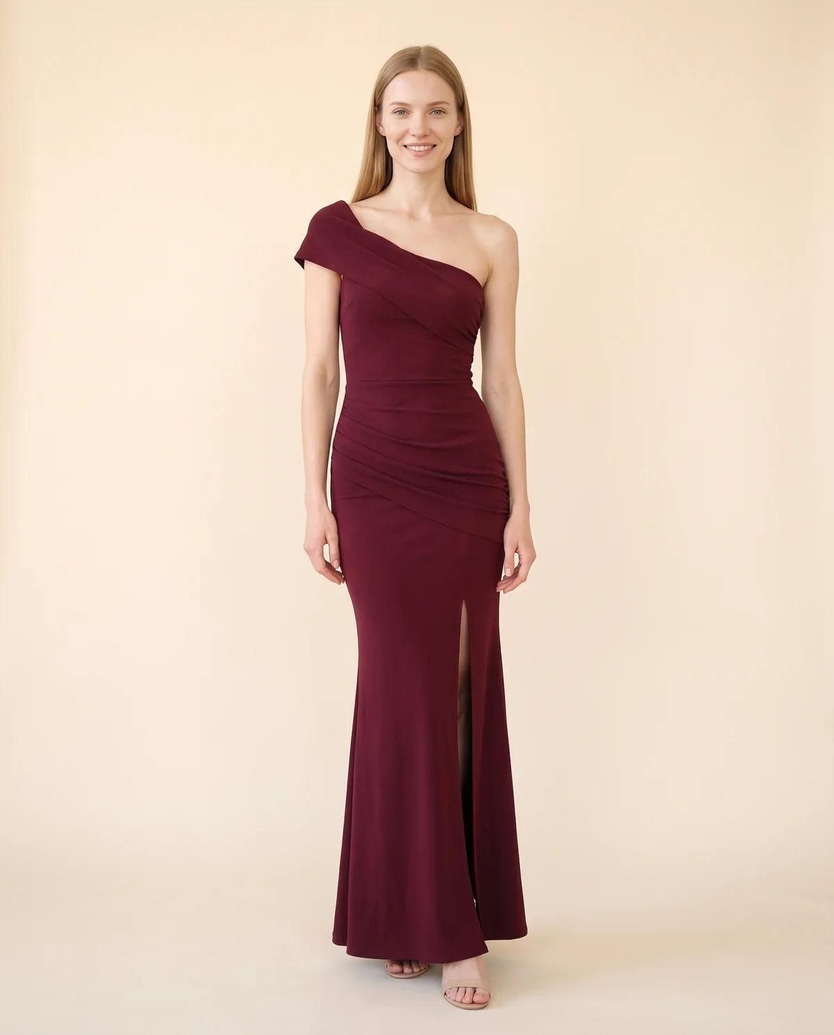 Draped Bardot Mermaid Maxi Dress in Wine, front view, worn by Maya
