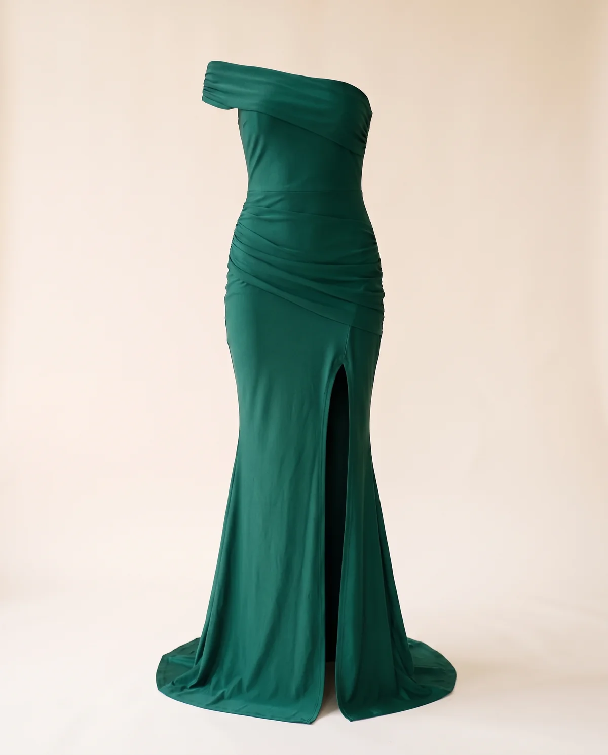 Draped Bardot Mermaid Maxi Dress in Emerald, product shot on a plain background