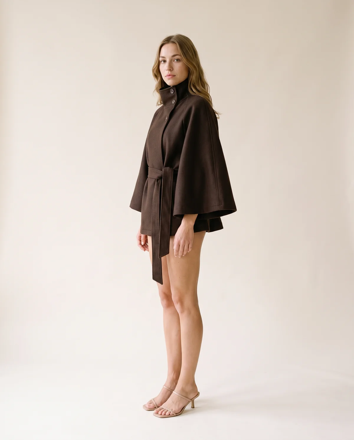 Belted Cape Jacket in Brown, side view, worn by Ava