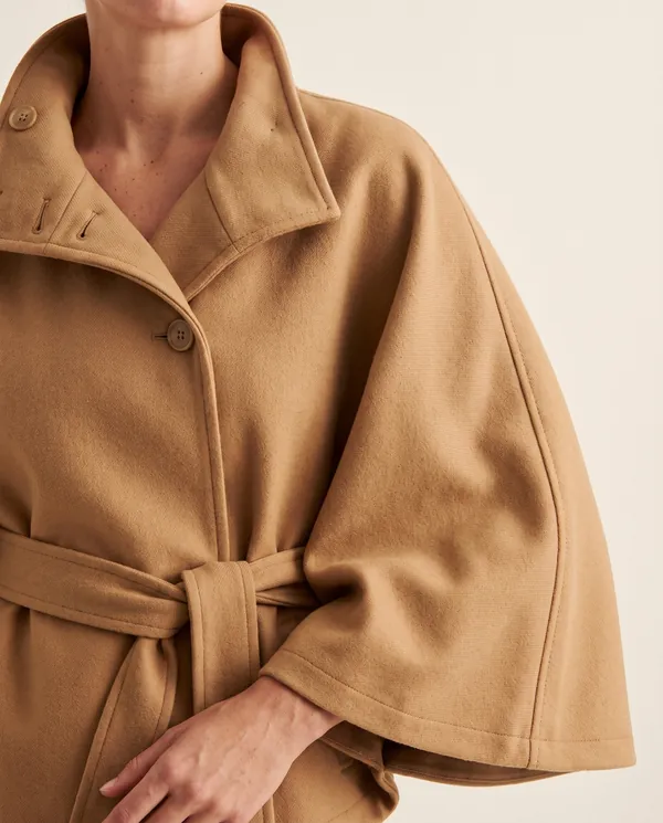 Belted Cape Jacket in Camel, close-up of the detail