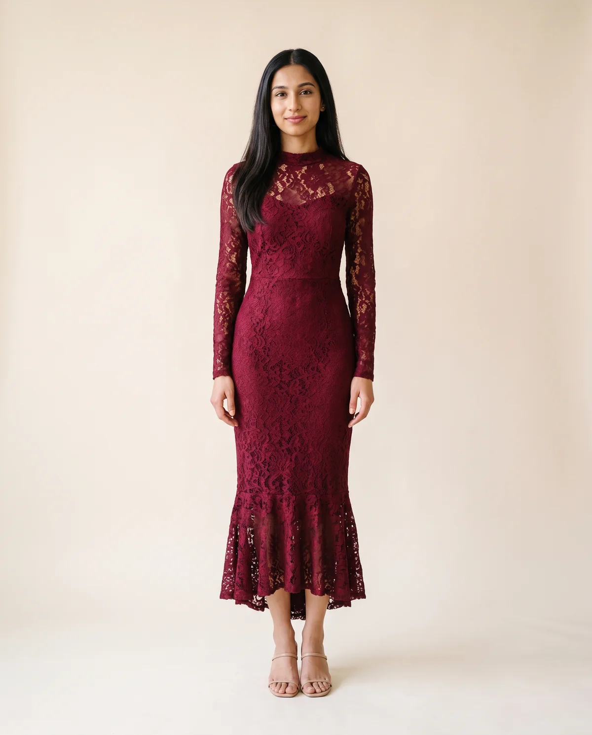Lace Long-Sleeve Fishtail Midi Dress in Wine, front view, worn by Priya