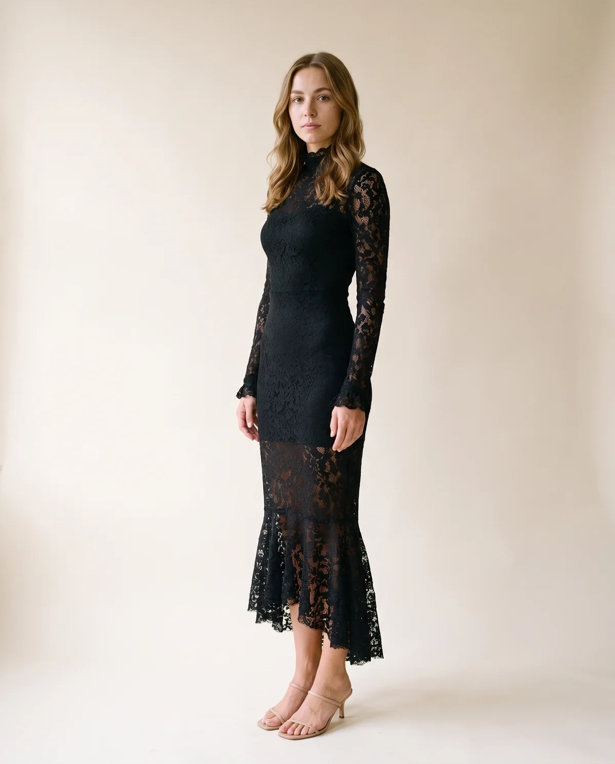 Lace Long-Sleeve Fishtail Midi Dress in Black, side view, worn by Ava