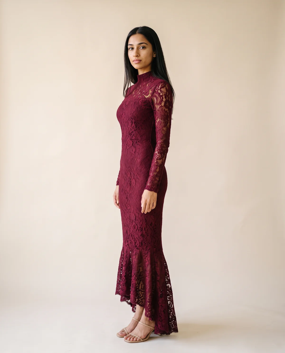 Lace Long-Sleeve Fishtail Midi Dress in Wine, side view, worn by Priya