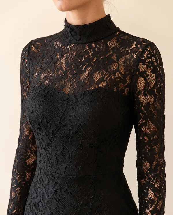 Lace Long-Sleeve Fishtail Midi Dress in Black, close-up of the detail