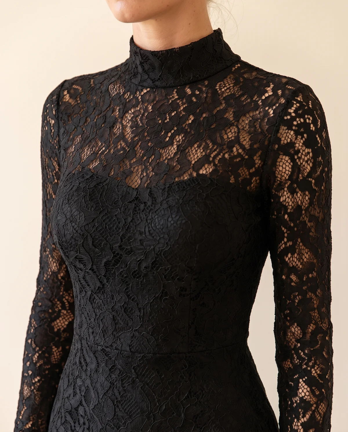 Lace Long-Sleeve Fishtail Midi Dress in Black, close-up of the detail