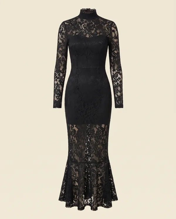 Lace Long-Sleeve Fishtail Midi Dress in Black, product shot on a plain background