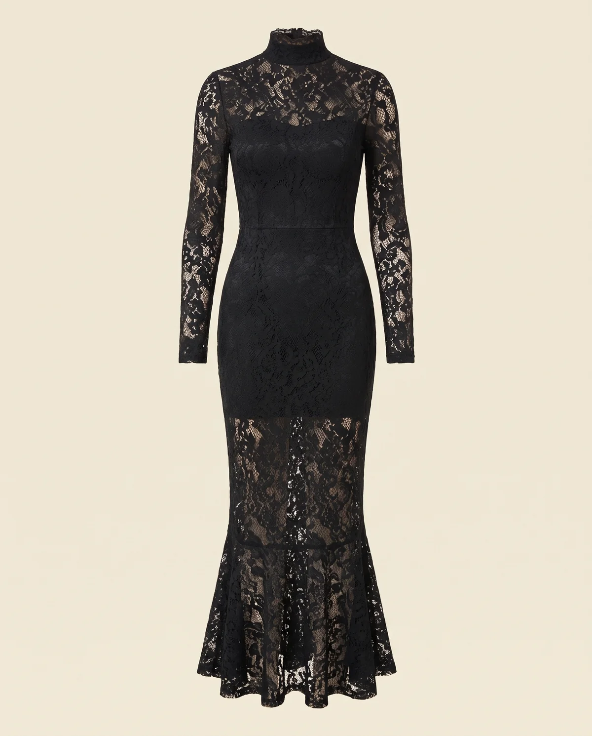Lace Long-Sleeve Fishtail Midi Dress in Black, product shot on a plain background