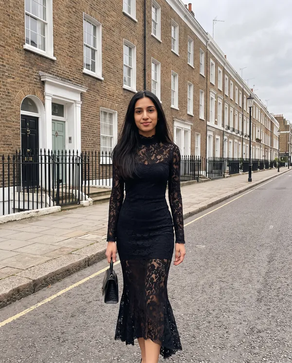Satin Eve styling: Lace Long-Sleeve Fishtail Midi Dress
