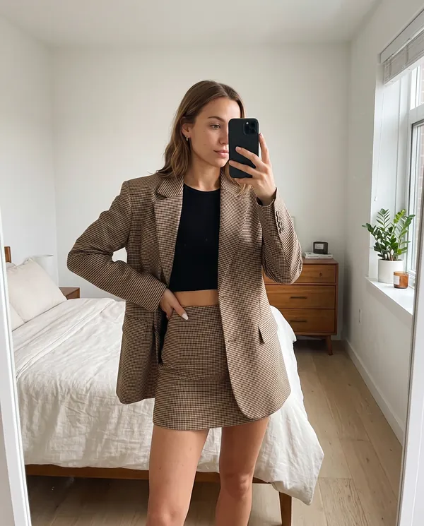 Satin Eve styling: Houndstooth Blazer and Mini Skirt Set
