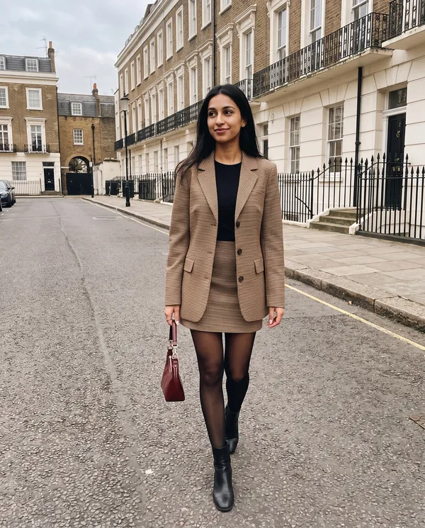 Satin Eve styling: Houndstooth Blazer and Mini Skirt Set