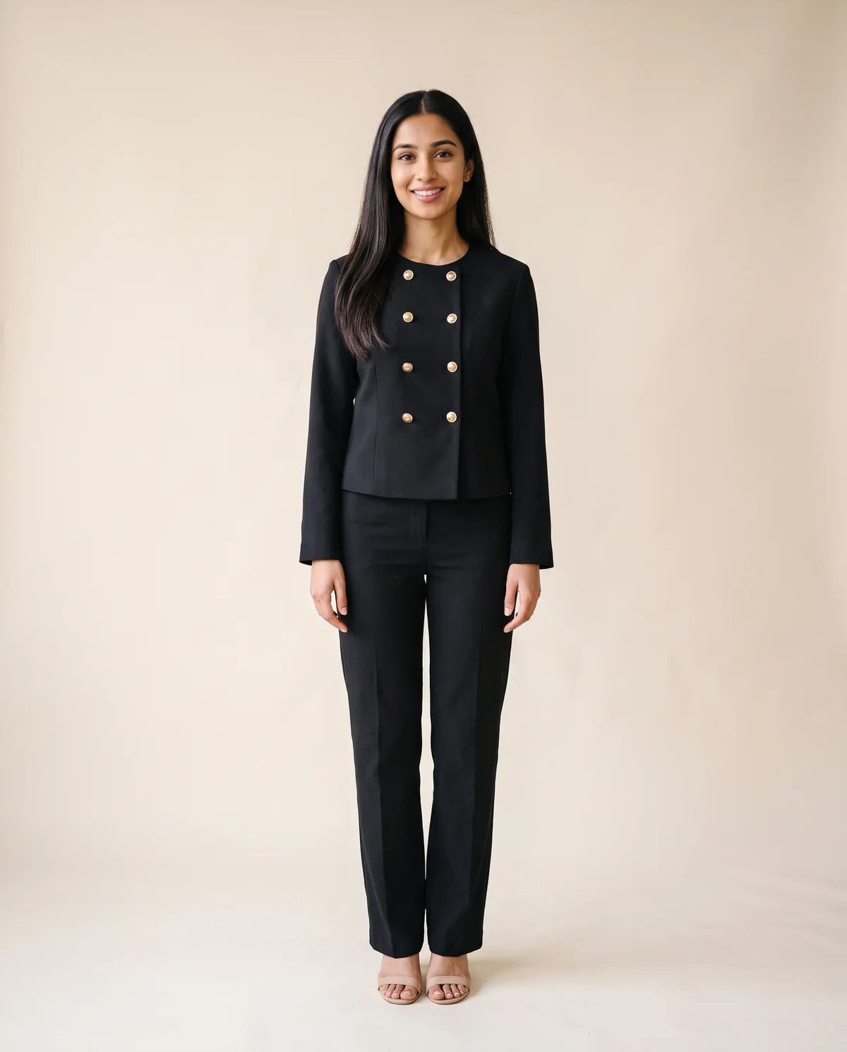 Round-Neck Double-Breasted Jacket in Black, front view, worn by Priya