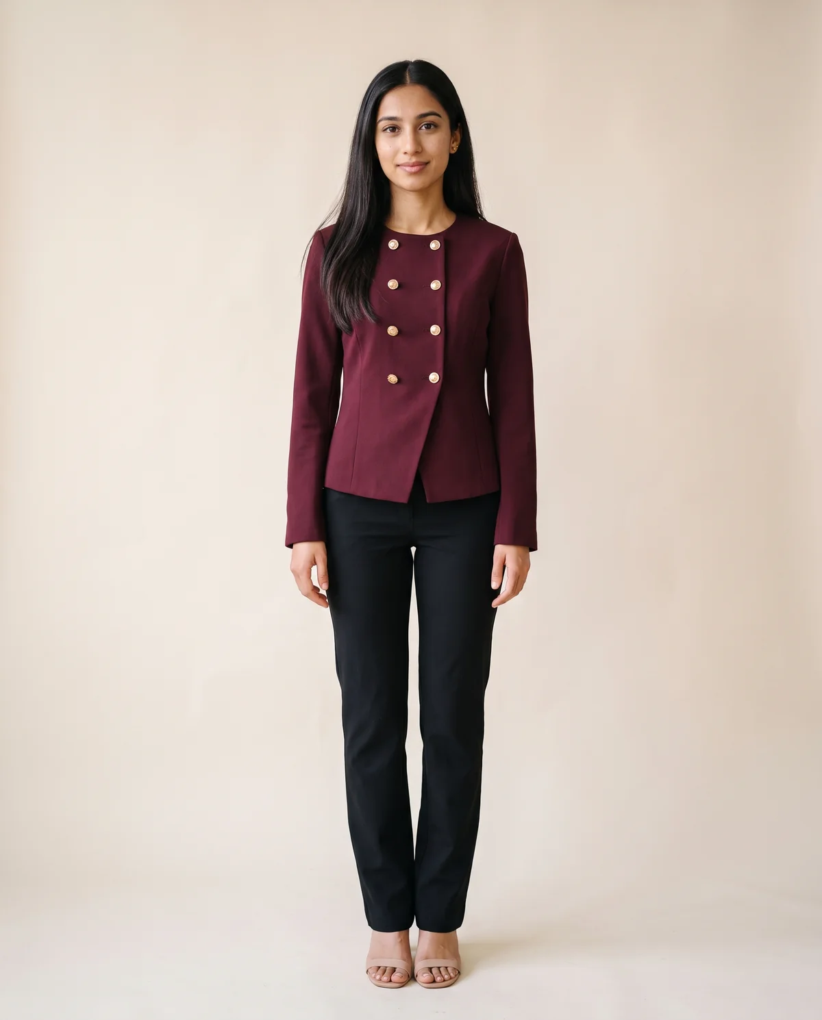 Round-Neck Double-Breasted Jacket in Burgundy, front view, worn by Priya