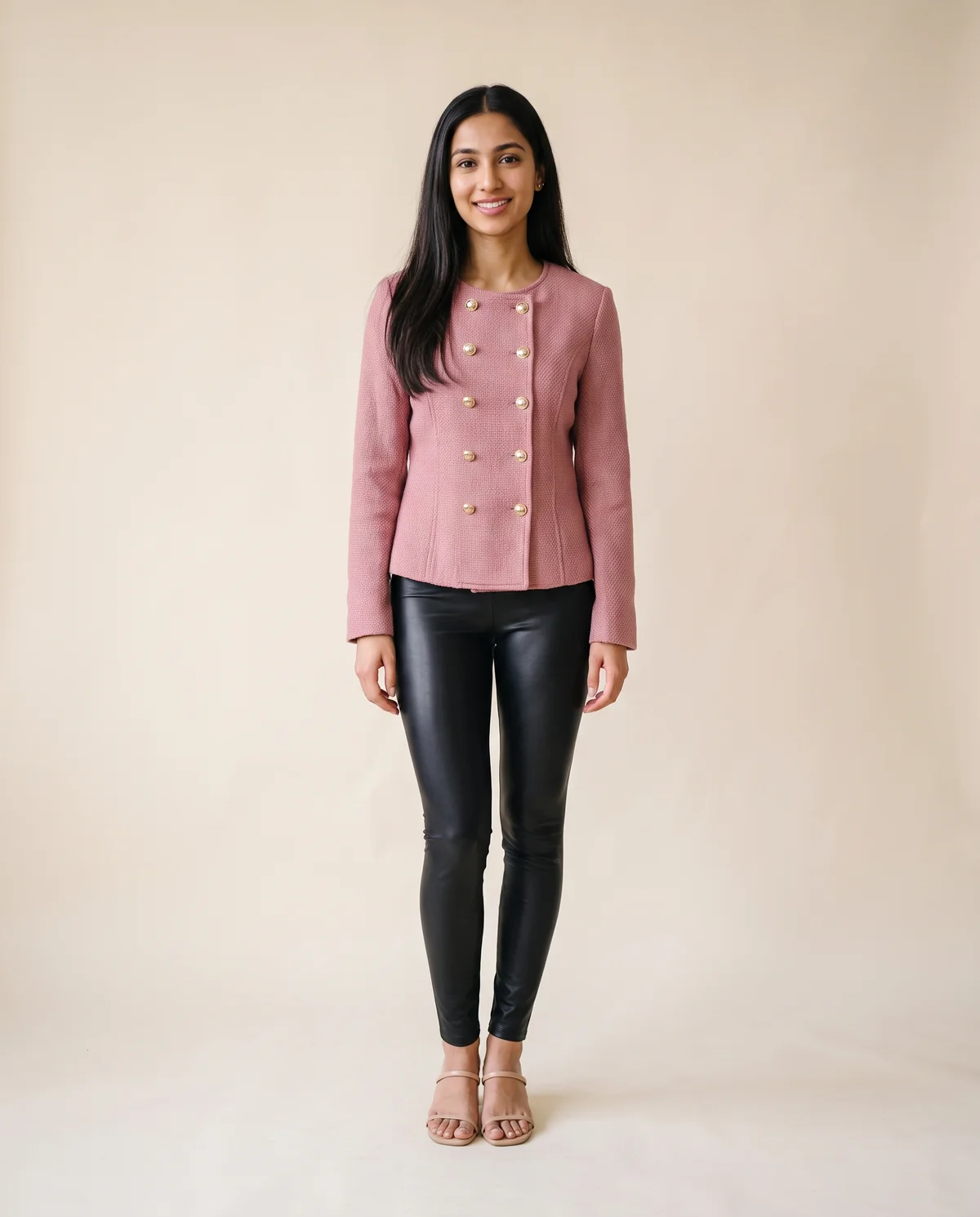 Round-Neck Double-Breasted Jacket in Dusty Pink, front view, worn by Priya