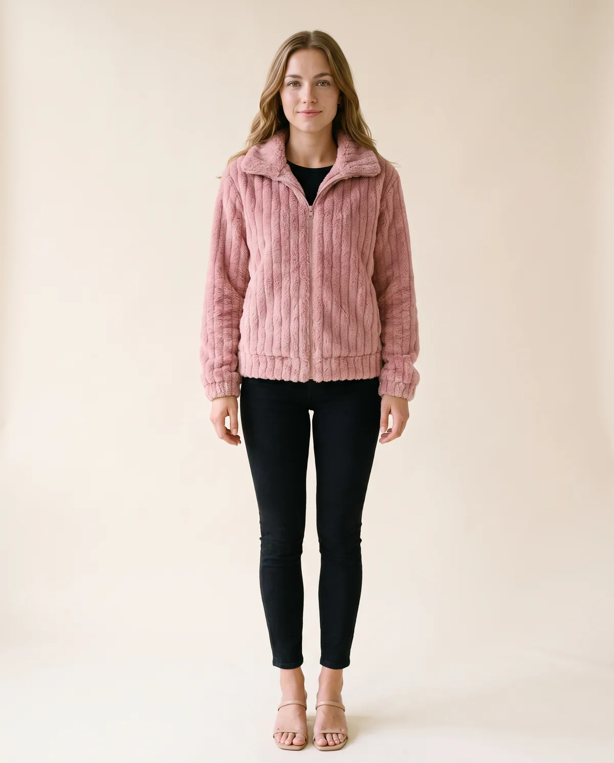 Ribbed Faux Fur Fleece Jacket in Dusty Pink, front view, worn by Ava