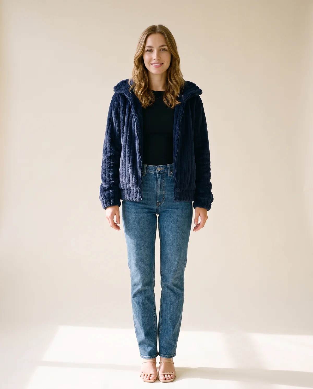 Ribbed Faux Fur Fleece Jacket in Navy, front view, worn by Ava