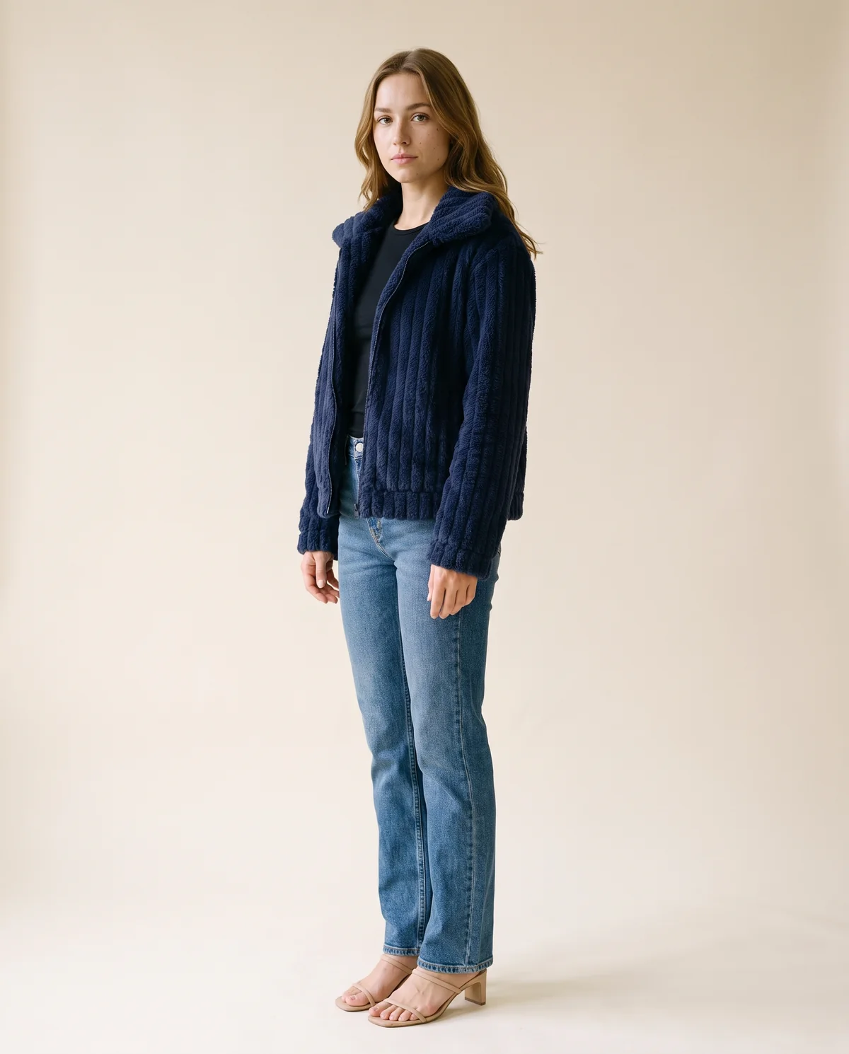 Ribbed Faux Fur Fleece Jacket in Navy, side view, worn by Ava
