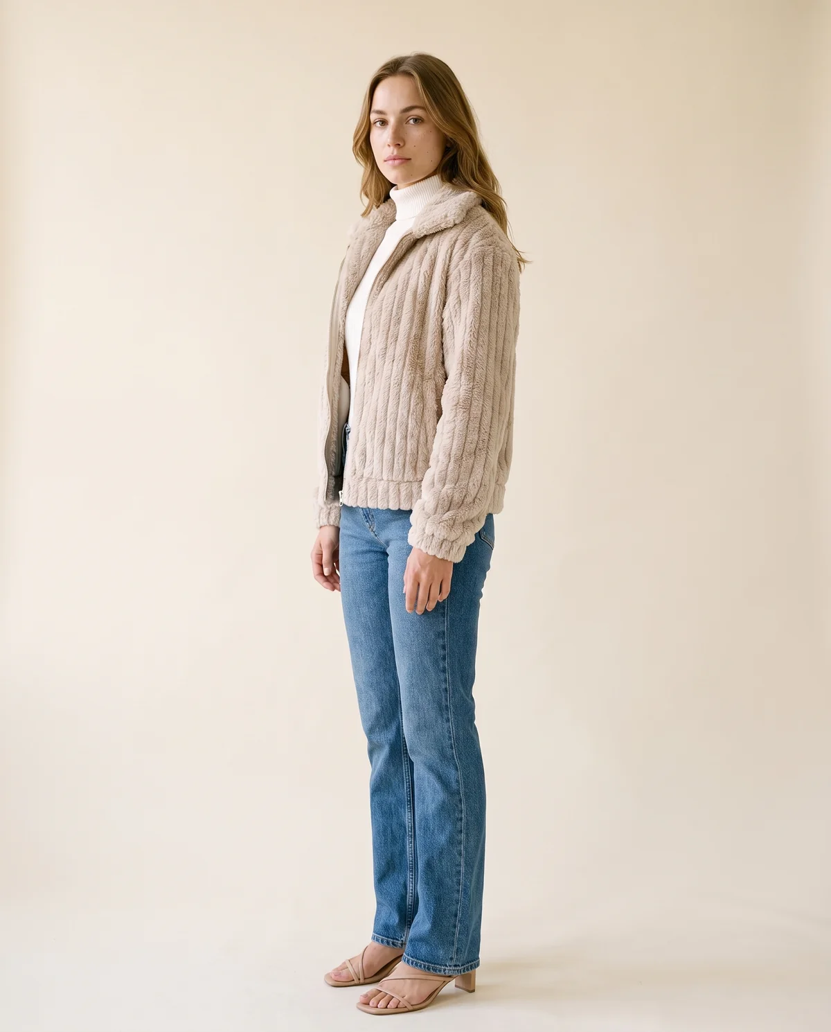 Ribbed Faux Fur Fleece Jacket in Oat, side view, worn by Ava